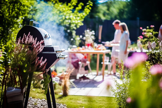 Barbecue en famille ou entre amis, dans le jardin en &eacute;t&eacute; - G&eacute;n&eacute;rative IA