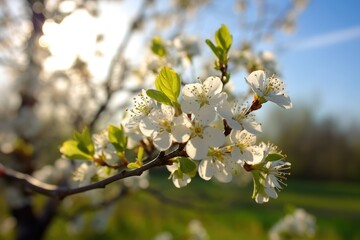 This photo captures the stunning beauty of spring with blooming cherry blossom trees. Generative AI