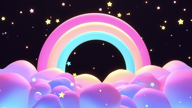 Looped cartoon rainbow on the clouds with flying bubble music notes at night animation.