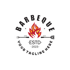 Fototapeta premium Smoke and BBQ Barbecue Vintage hot grill, with crossed flames and spatula. Logo for restaurant, badge, cafe and bar.vector