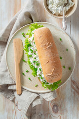 Homemade and healthy sandwich with radish and creamy cheese.