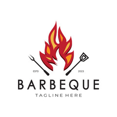 Smoke and BBQ Barbecue Vintage hot grill, with crossed flames and spatula. Logo for restaurant, badge, cafe and bar.vector