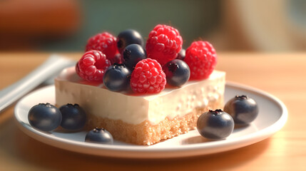 Cheesecake piece with wild berries on top AI generated