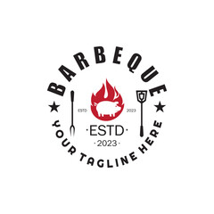 Smoke and BBQ Barbecue Vintage hot grill, with crossed flames and spatula. Logo for restaurant, badge, cafe and bar.vector