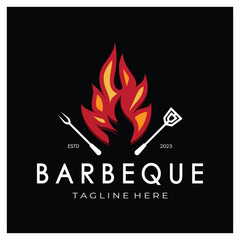 Smoke and BBQ Barbecue Vintage hot grill, with crossed flames and spatula. Logo for restaurant, badge, cafe and bar.vector