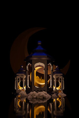 Festival for Muslim holy month Ramadan Kareem. Ornamental Arabic lantern with burning candle glowing at night. Eid-Al-Adha Mubarak banner. 3D illustration