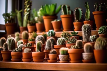 small cacti in pots on the shelves in the store or in pots at home. Home gardening concept. Miniature succulents. indoor and ornamental plants in pots. plant care. Generative AI