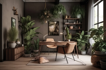 Fototapeta na wymiar interior office space a modern corner of the office with plants, in the style of photorealistic pastiche, light brown and bronze, cottage core, captures the essence of nature, generative AI