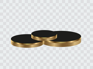Set of 3D cylinder podium. Black podium and golden with luxury arch shape background. Vector geometric forms.