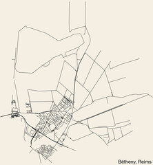 Detailed hand-drawn navigational urban street roads map of the BÉTHENY COMMUNE of the French city of REIMS, France with vivid road lines and name tag on solid background