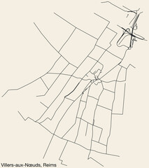Detailed hand-drawn navigational urban street roads map of the VILLERS-AUX-NŒUDS COMMUNE of the French city of REIMS, France with vivid road lines and name tag on solid background