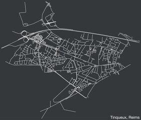 Detailed hand-drawn navigational urban street roads map of the TINQUEUX COMMUNE of the French city of REIMS, France with vivid road lines and name tag on solid background