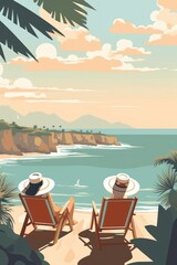 Fototapeta premium On Sunday morning, a couple in straw hats enjoy ocean views. (Generative AI)
