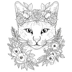 Flower Cat Coloring Pages For Adults