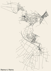 Detailed hand-drawn navigational urban street roads map of the REIMS-4 CANTON of the French city of REIMS, France with vivid road lines and name tag on solid background
