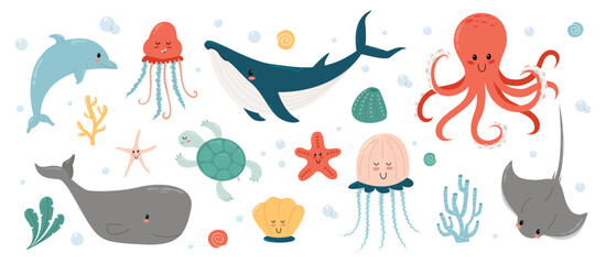Set with hand drawn sea life elements. Vector doodle cartoon set of marine life objects for your design. Marine fauna.