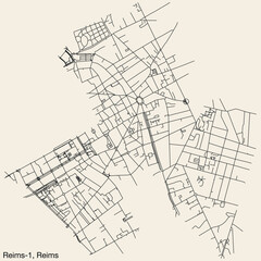 Fototapeta na wymiar Detailed hand-drawn navigational urban street roads map of the REIMS-1 CANTON of the French city of REIMS, France with vivid road lines and name tag on solid background