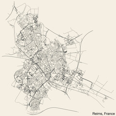 Detailed hand-drawn navigational urban street roads map of the French city of REIMS, FRANCE with solid road lines and name tag on vintage background