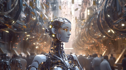 The concept of human-machine collaboration with an artistic portrayal, highlighting AI-assisted creativity, human-like robots, and augmented intelligence. Generative AI