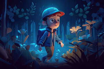 Curious boy in a blue jacket with a backpack walks through night forest in the moonlight, created with Generative AI.