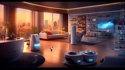 The potential of AI-powered virtual assistants with a modern lifestyle shot, showcasing voice-activated devices, smart homes, and personalized AI experiences. Generative AI