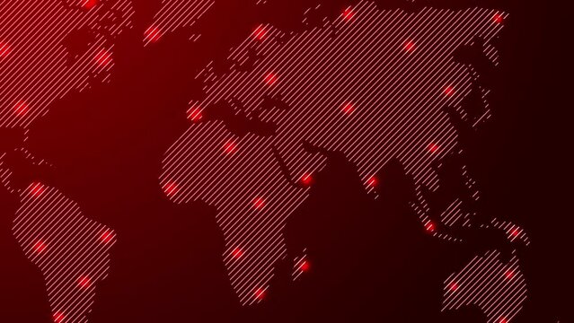 World map drawn from diagonal stripes with glowing stars on red
