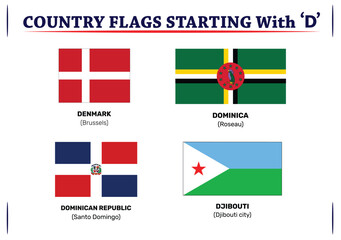 Global Flags: Vector Set of Flat Shield Icons Featuring Country Flags with the Letter D. Complete Collection of Country Flags from Around the World and Continent. Royalty-Free Vector Illustration