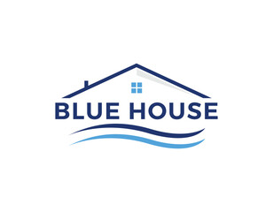 Simple Blue House With Wave Logo Design Template