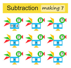 Mathematical puzzle game for kids. Subtraction. Making 7.