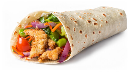 Tortilla wrap with fried chicken meat and vegetables isolated on white background