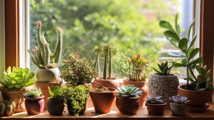 Fototapeta na wymiar small cacti in pots on the windowsill in pots at home. Home gardening concept. Miniature succulents. indoor and ornamental plants in pots. plant care. Generative AI
