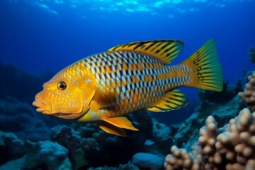 Bright colored fish swims in the aquarium. 