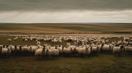 Obraz premium herd of sheep grazing in the meadow farms. Generative AI