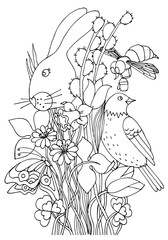 Coloring page with bunny, butterfly, bee, bird, tulips, daffodil, willow branch, flower. Early spring. Nature. Easter. Hand drawn vector illustration