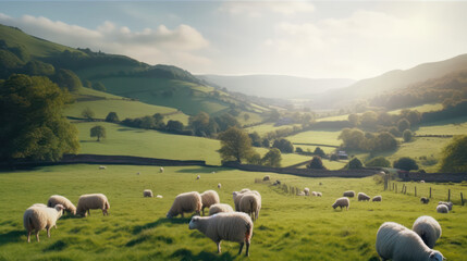 herd of sheep grazing in the meadow farms. Generative AI