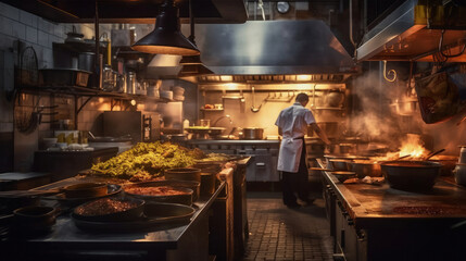 Fototapeta na wymiar Backside of Chef cooking in a busy restaurant kitchen, Generative AI