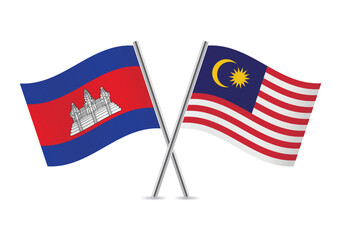 Cambodia and Malaysia crossed flags. Cambodian and Malaysian flags on white background. Vector icon set. Vector illustration.