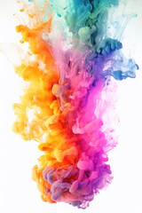 Multicolored paint in water on a white background. AI generated. Yellow, pink, green, blue colors. 