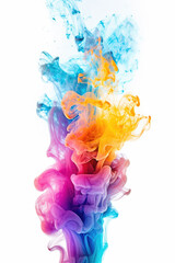 Multicolored paint in water on a white background. Yellow, pink, purple, blue, orange colors. AI generated.