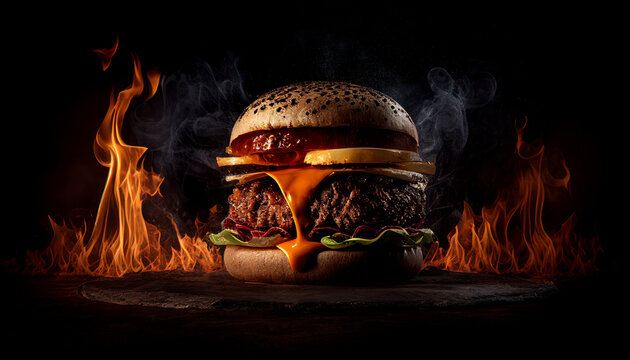 Hot and Fresh tasty delicious grilled hamburger. Ai generated.
