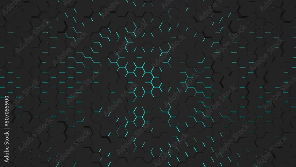 Poster abstract dynamic textured background of hexagons and neon alien glow. screensaver for decoration or 