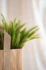 paper bag with green ears of corn on a light background (background edited with AI)