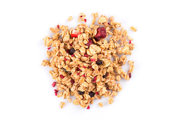 Muesli oat cereals close up background with dry fruits