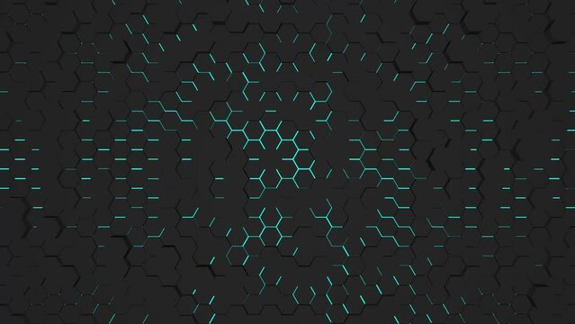 Abstract dynamic textured background of hexagons and neon alien glow. Screensaver for decoration or intro. Rendering animation.