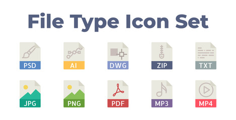 File Extention icon set, File type icons, include psd, ai , dwg ,zip, mp4, mp3, pdf, txt, jpeg, png Vector Eps file