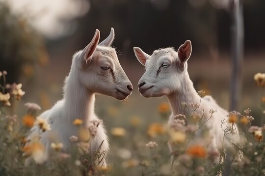 Two little funny baby goats playing in the field with flowers. Farm animals. , Generative AI