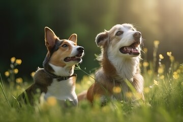 Two cute happy the dogs sit side by side on the spring green grass and look loyally up at their owner, Generative AI