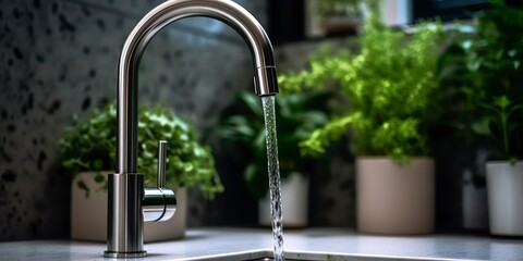 vintage marble kitchen faucet with a white sink and green plant in a stylish modern kitchen. Water tap , faucet. Modern bathroom faucet. Generative AI - obrazy, fototapety, plakaty