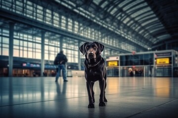 Security workers with detection dog patrolling airport terminal.