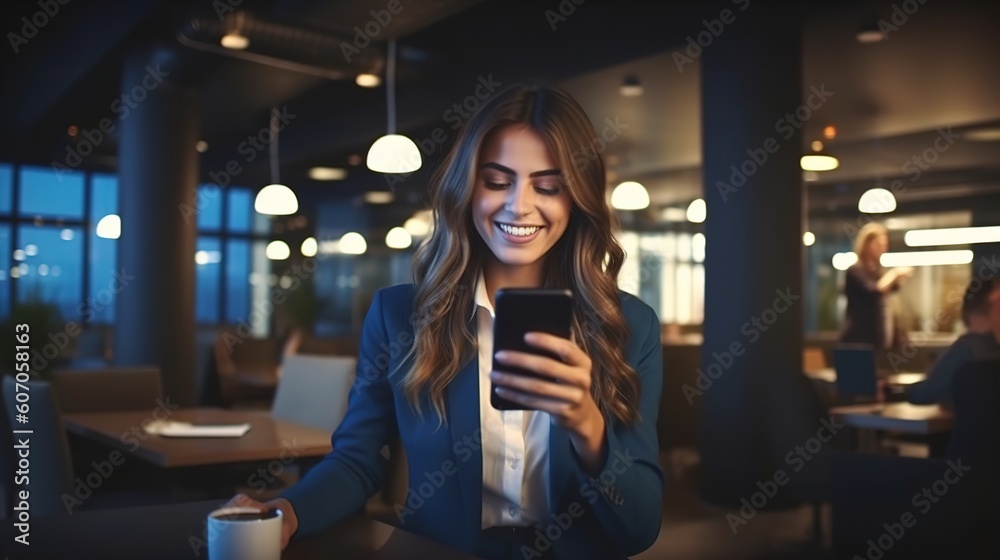 Wall mural Photo of Young happy busy business woman executive using laptop mobile cell phone tech at office. Professional businesswoman holding smartphone, working on cellphone. Generative ai.